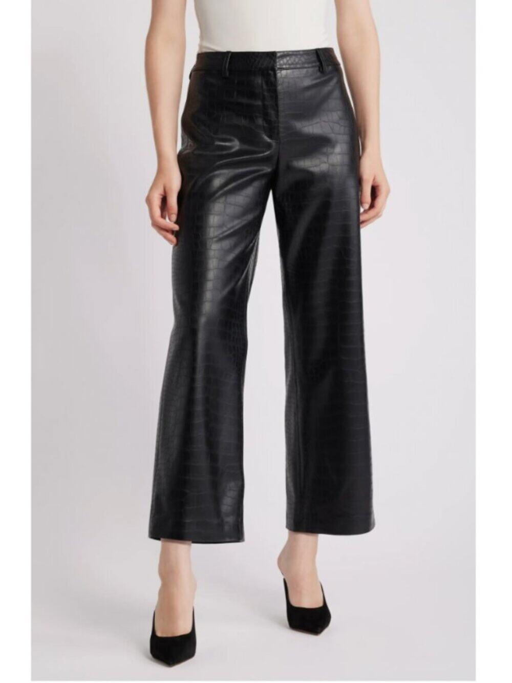 Kobi Halperin Croc Embossed Black Faux Leather Crop Wide Leg Pants